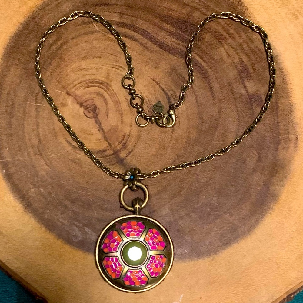 Vintage Lucky Brand Jewelry Bronze Tone Necklace Hippy Tree Medallion Green Pink